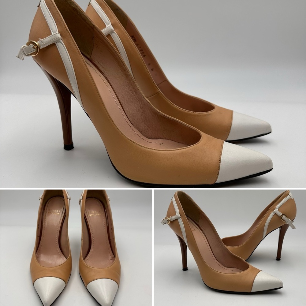 STUART WEITZMAN HIGH HEELS PUMPS SZ 6.5 TAN WHITE CAP TOE COLORBLOCK LEATHER